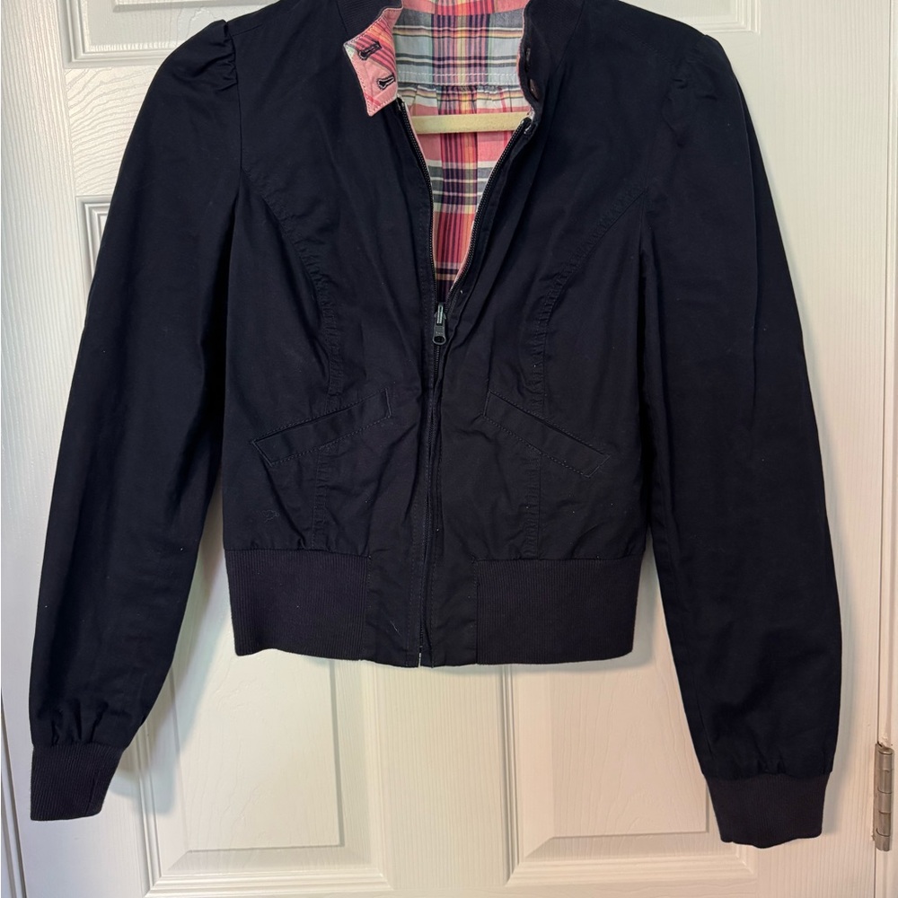 Women's Navy Guess Jeans Jacket with Plaid Lining Reversible